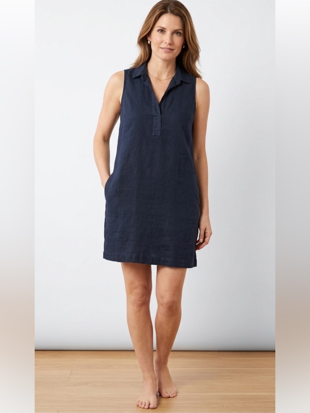 Tahari Indigo Blue Collard Linen Blend Sleeveless Dress With Pockets Size 10